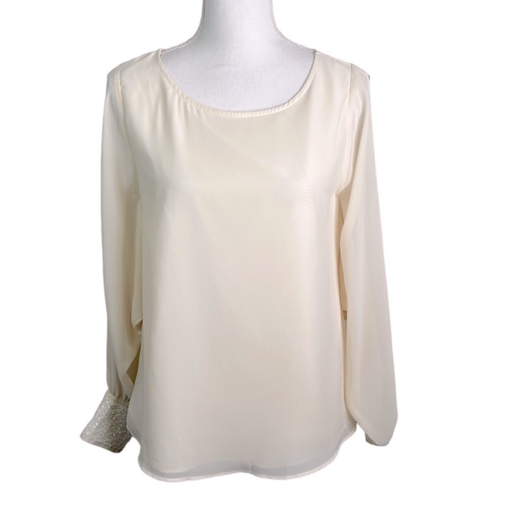 Jennifer Lopez Cream Flowy Sequin Long Sleeve Top Size XS